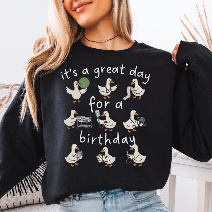 L&D Nurse Sweatshirt — Great Day for a Birthday Geese