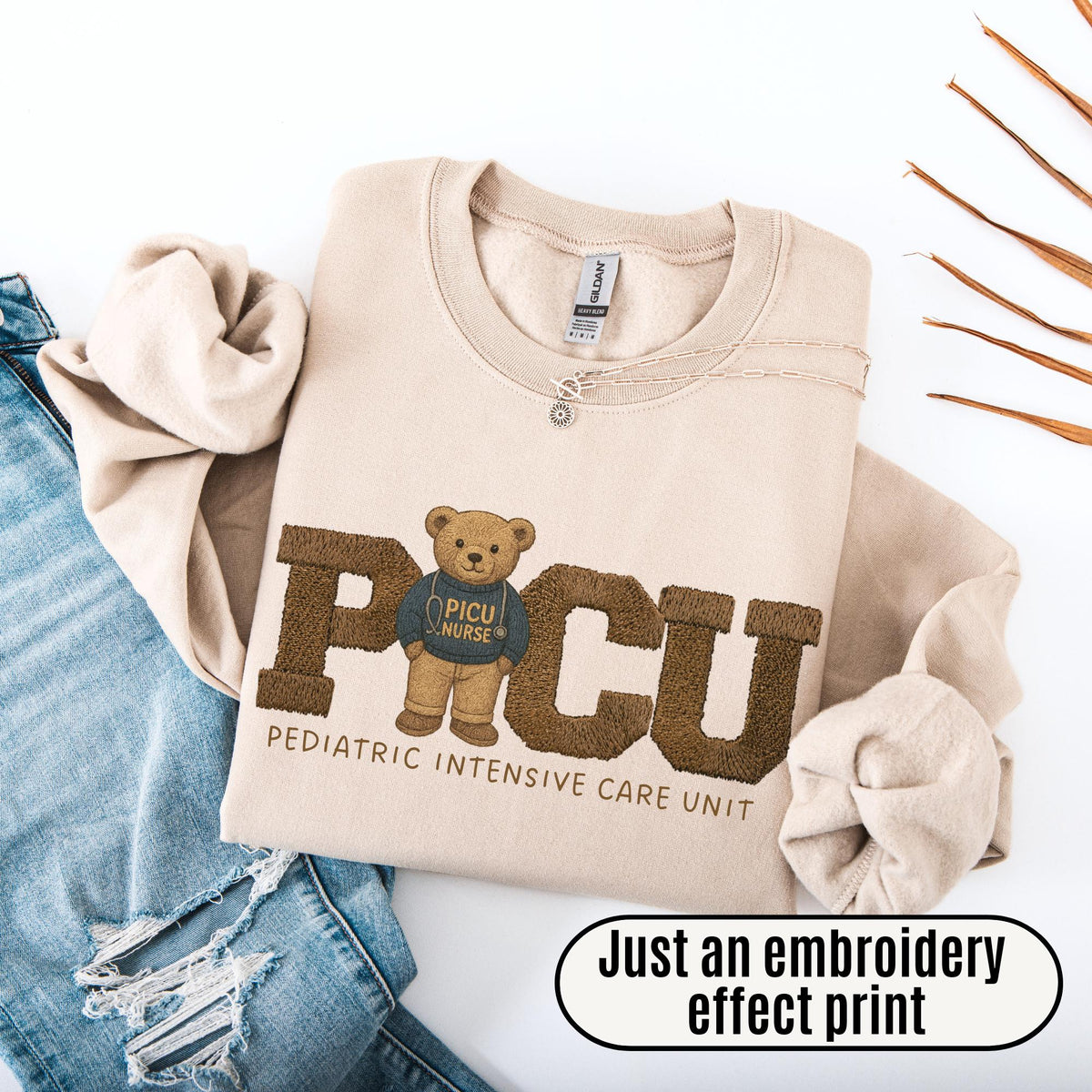 PICU Nurse Sweatshirt, Vintage Bear, Sand